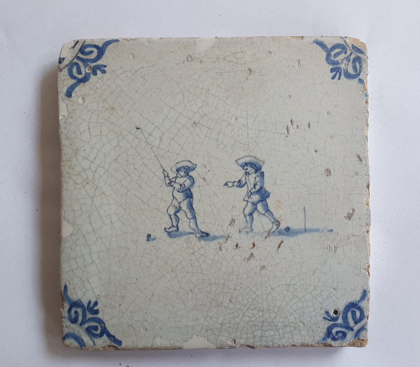 Dutch antique tile, 17th century, child,s play  ,golfer 1630 rare !