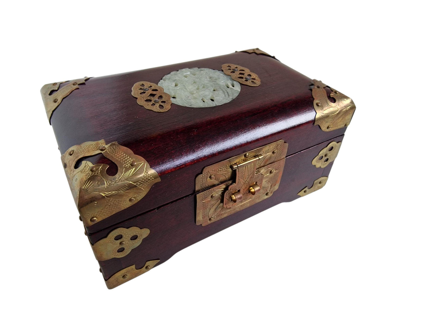 Vintage Chinese Lacquered Jewelry Box, Jade, Brass, Copper, Still Boxed