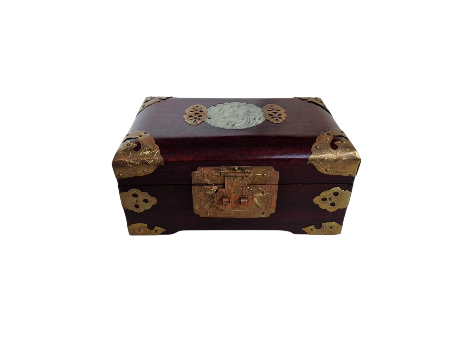 Vintage Chinese Lacquered Jewelry Box, Jade, Brass, Copper, Still Boxed