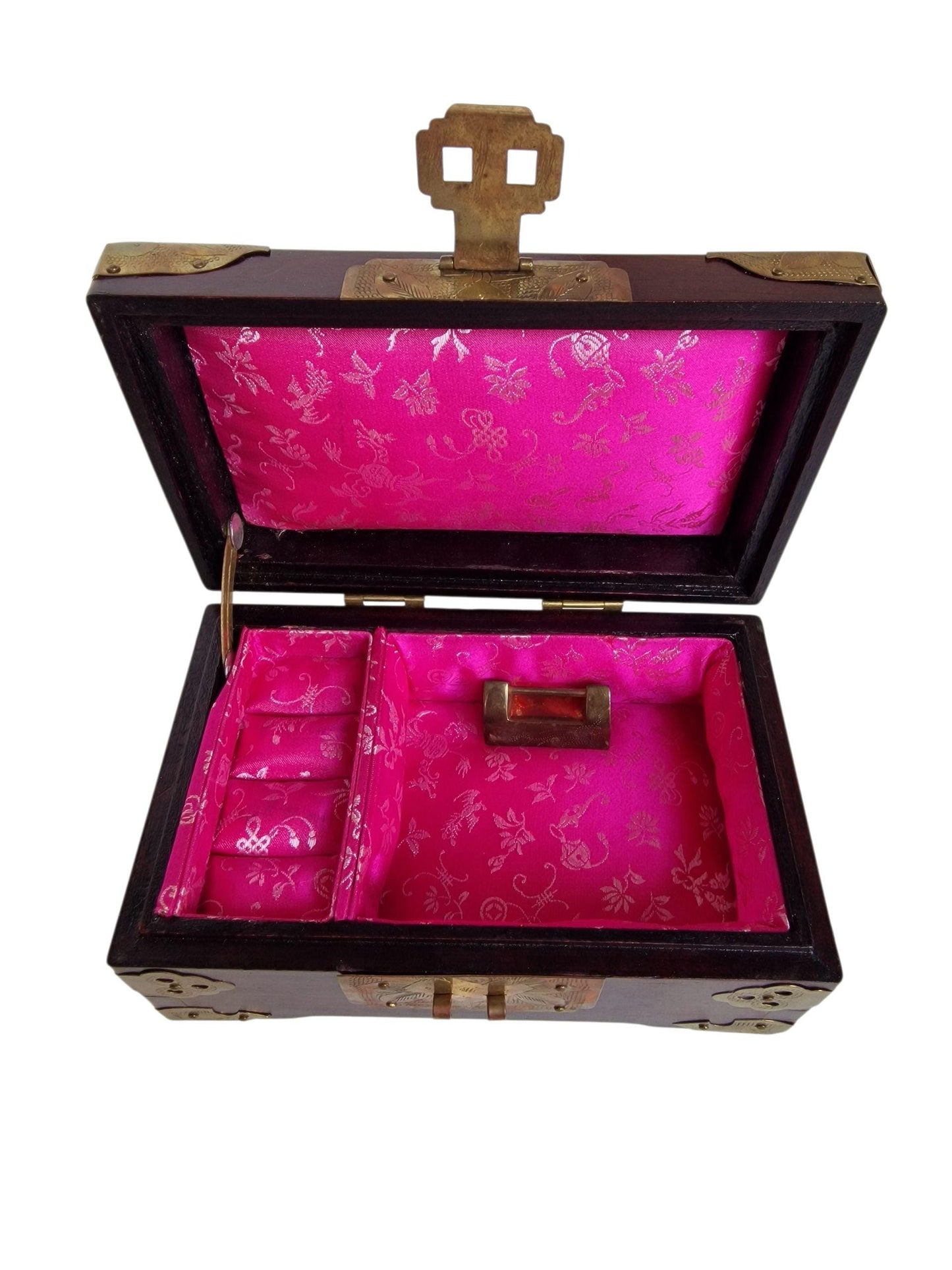 Vintage Chinese Lacquered Jewelry Box, Jade, Brass, Copper, Still Boxed