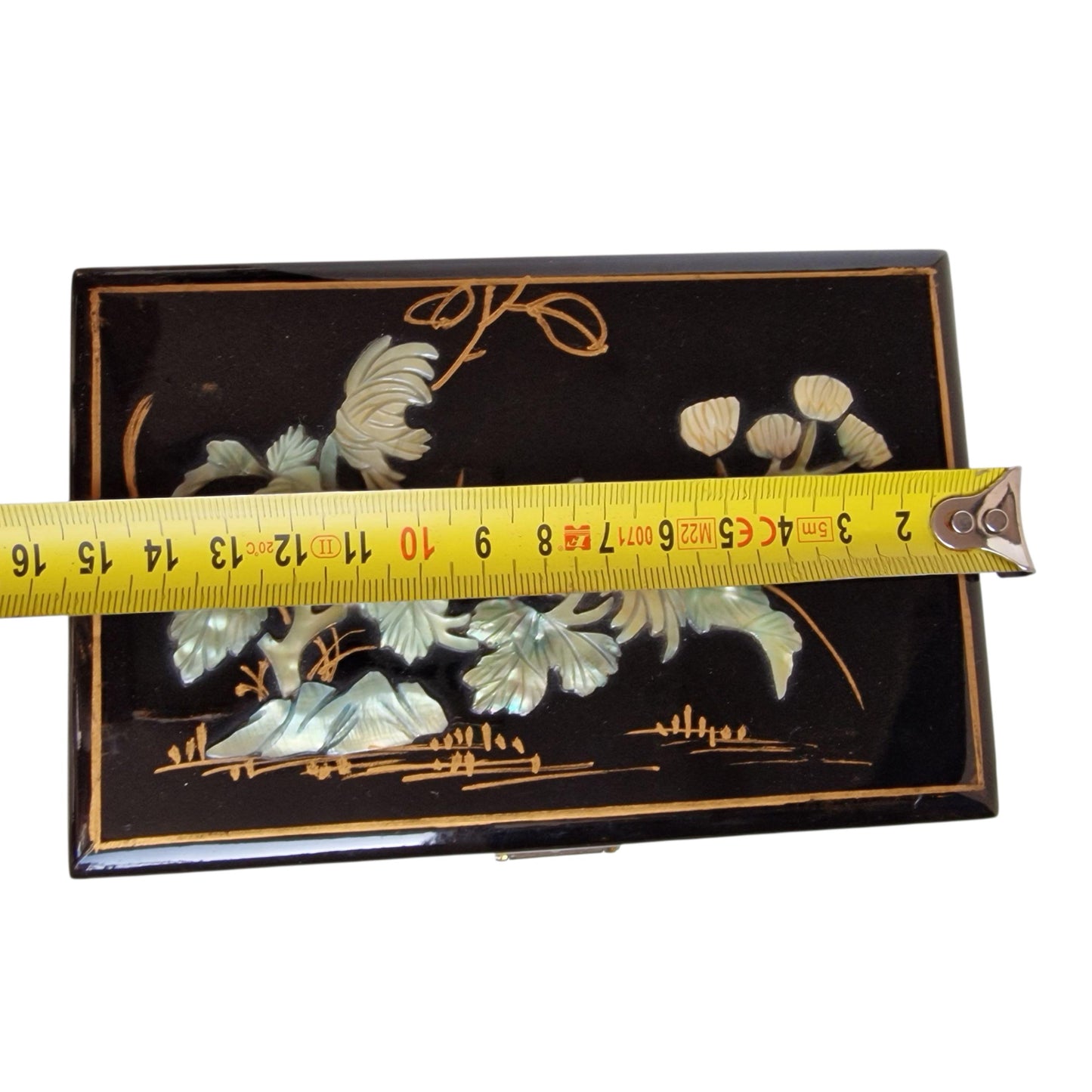 Vintage Chinese Lacquer Jewelry Box, Mother of Pearl Inlay, Wood Cabinet