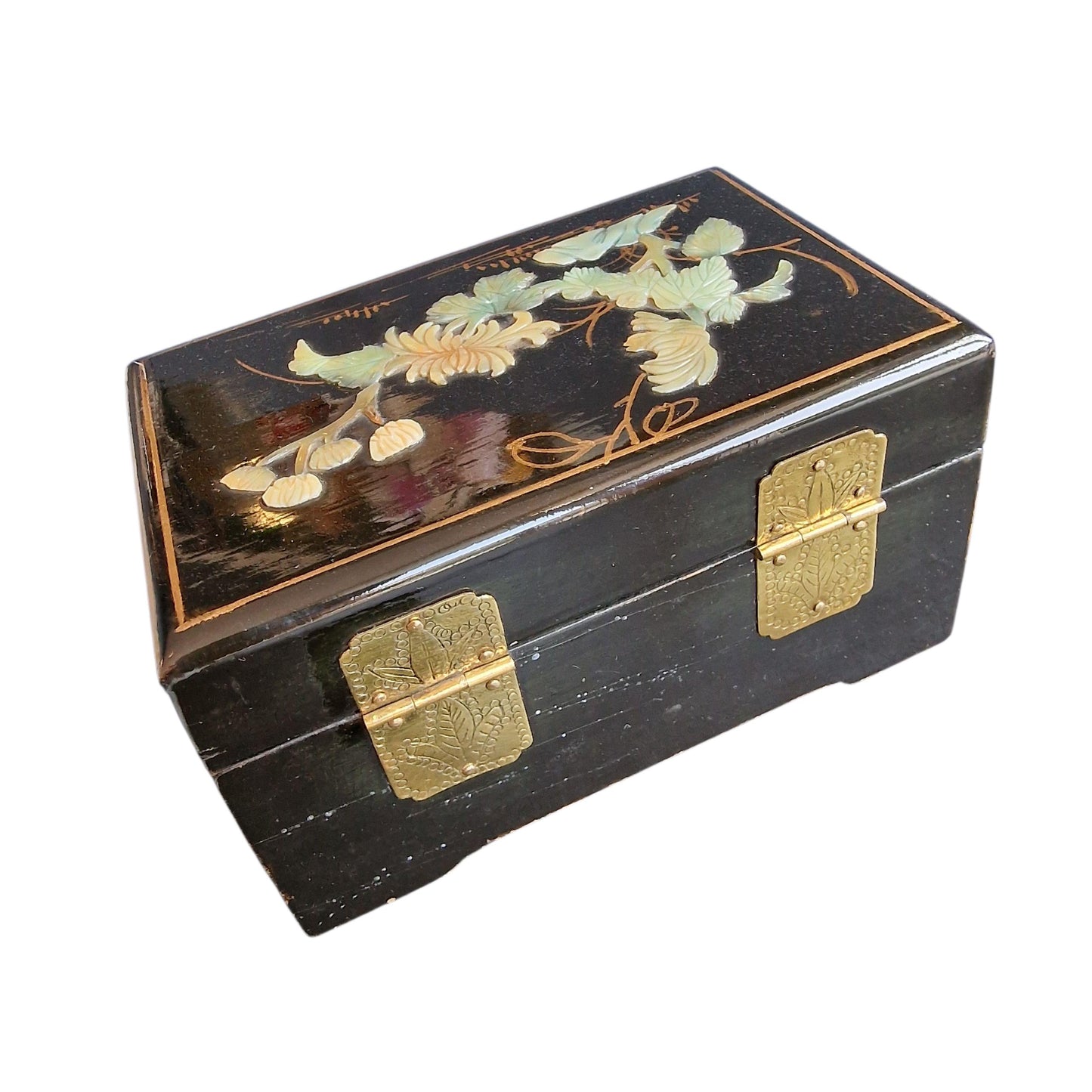 Vintage Chinese Lacquer Jewelry Box, Mother of Pearl Inlay, Wood Cabinet