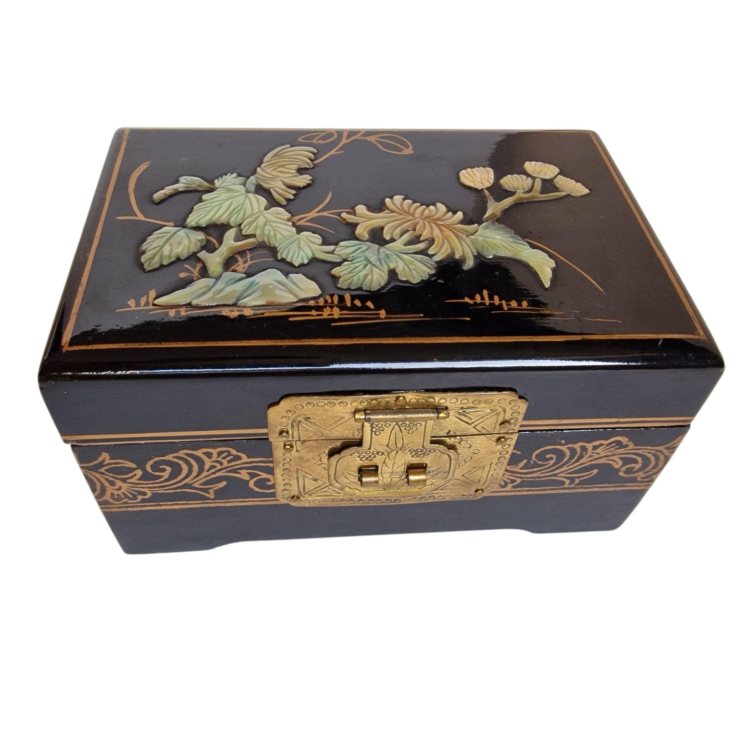 Vintage Chinese Lacquer Jewelry Box, Mother of Pearl Inlay, Wood Cabinet