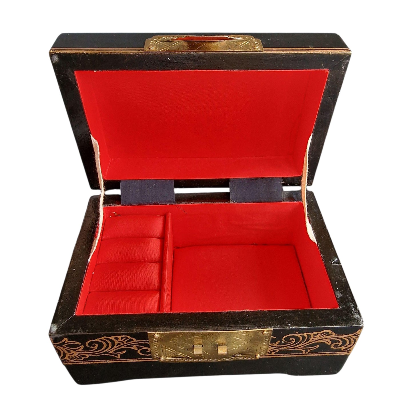 Vintage Chinese Lacquer Jewelry Box, Mother of Pearl Inlay, Wood Cabinet