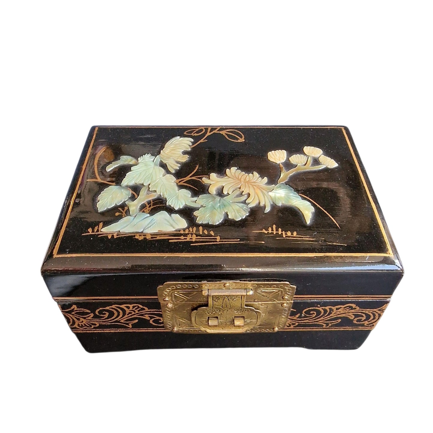 Vintage Chinese Lacquer Jewelry Box, Mother of Pearl Inlay, Wood Cabinet