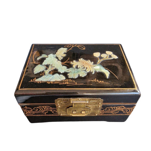 Vintage Chinese Lacquer Jewelry Box, Mother of Pearl Inlay, Wood Cabinet