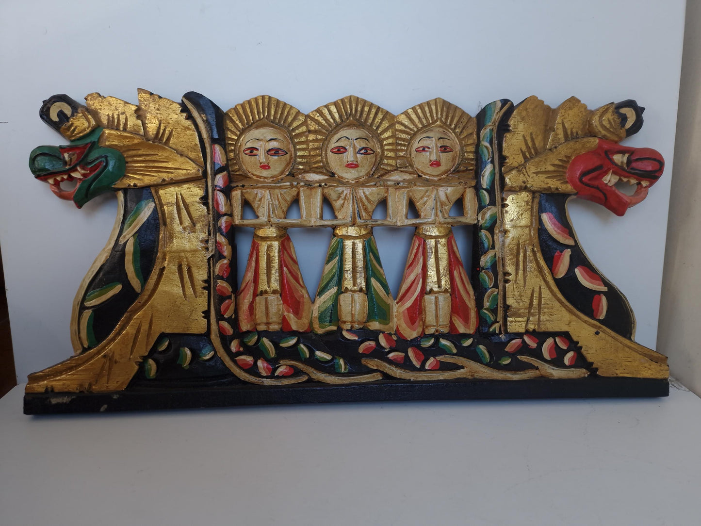 Vintage Indonesian Dragon Boat Panel – Hand-Carved Gilded Wood Wall Art