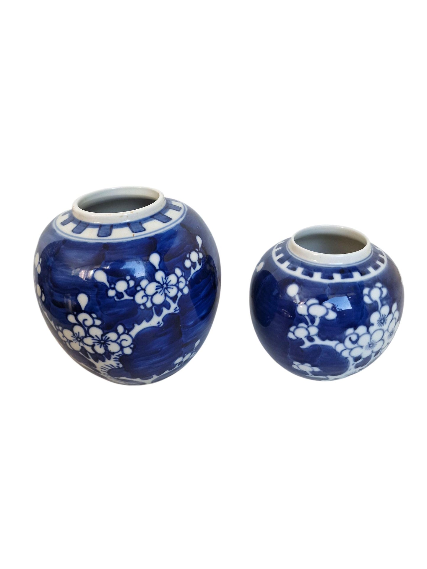 Vintage Chinese Porcelain Ginger Jars – Blue and White Plum Blossom, Set of 2 cherry
