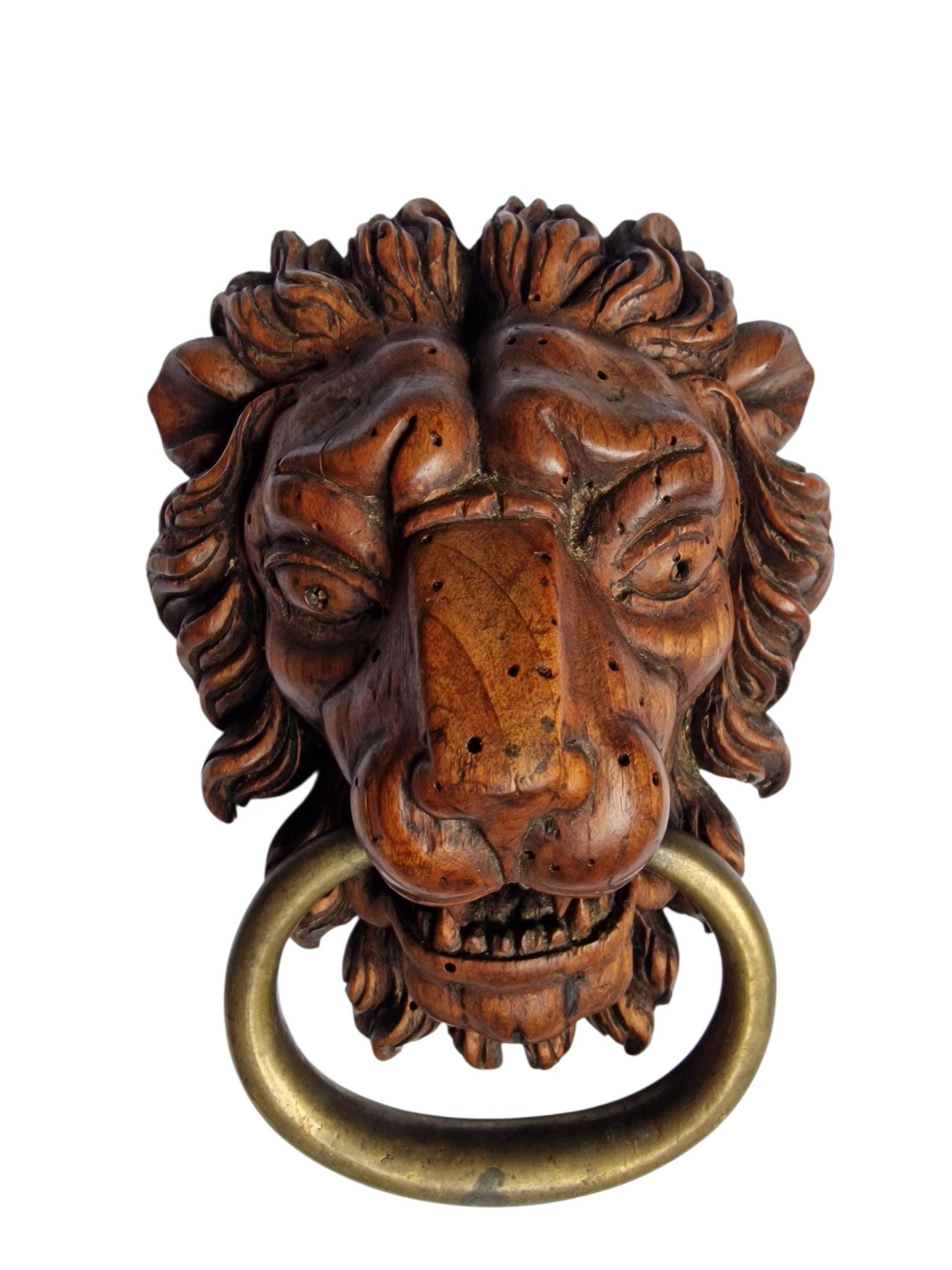 18th Century Hand-Carved Lion Door Knocker with Brass Ring - Architectural Salvage