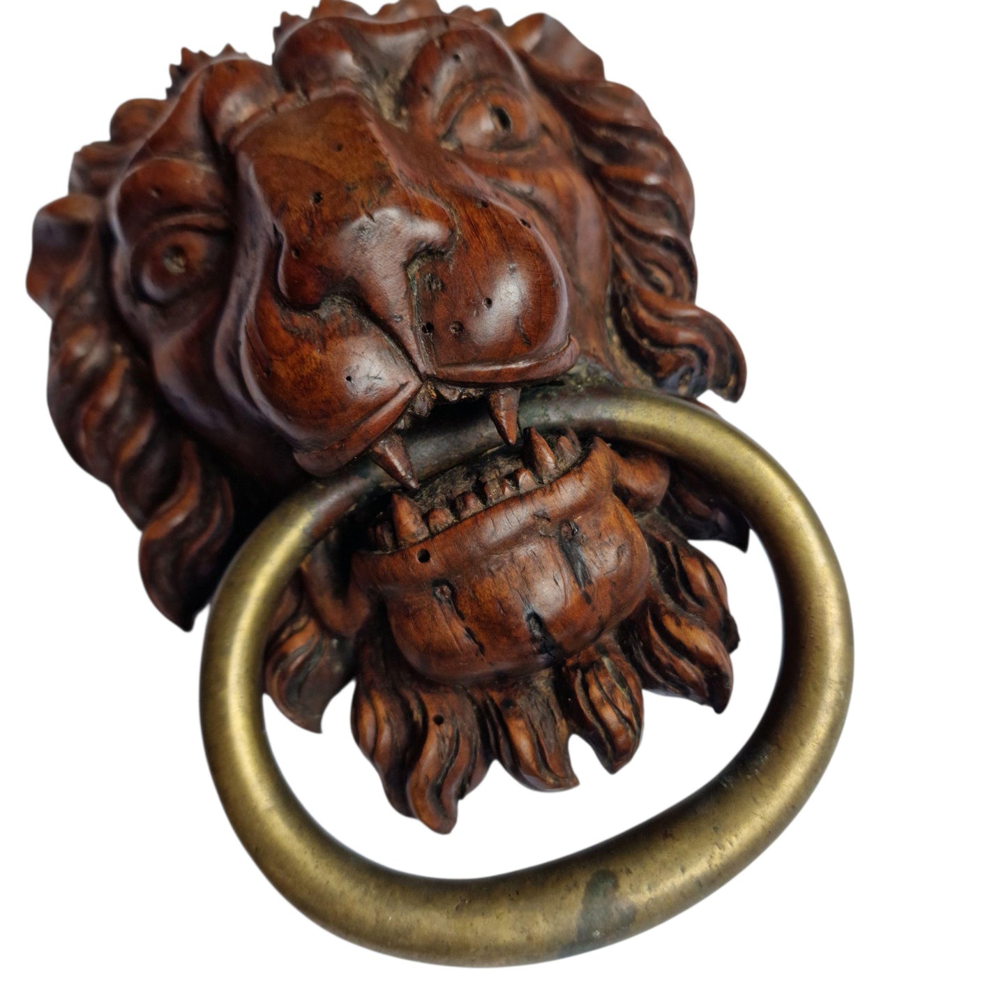18th Century Hand-Carved Lion Door Knocker with Brass Ring - Architectural Salvage
