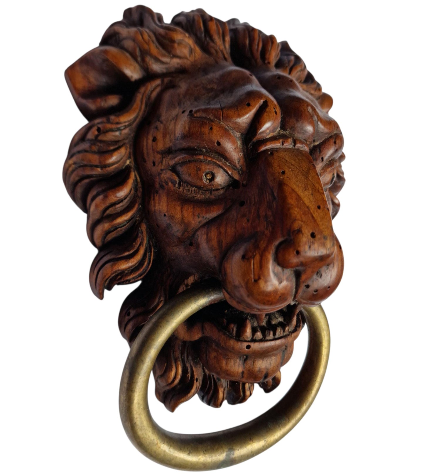 18th Century Hand-Carved Lion Door Knocker with Brass Ring - Architectural Salvage