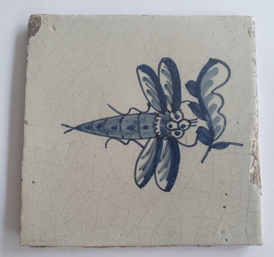 Antique Delft Tile – Butterfly on Flower, Frysian Design (circa 1750)
