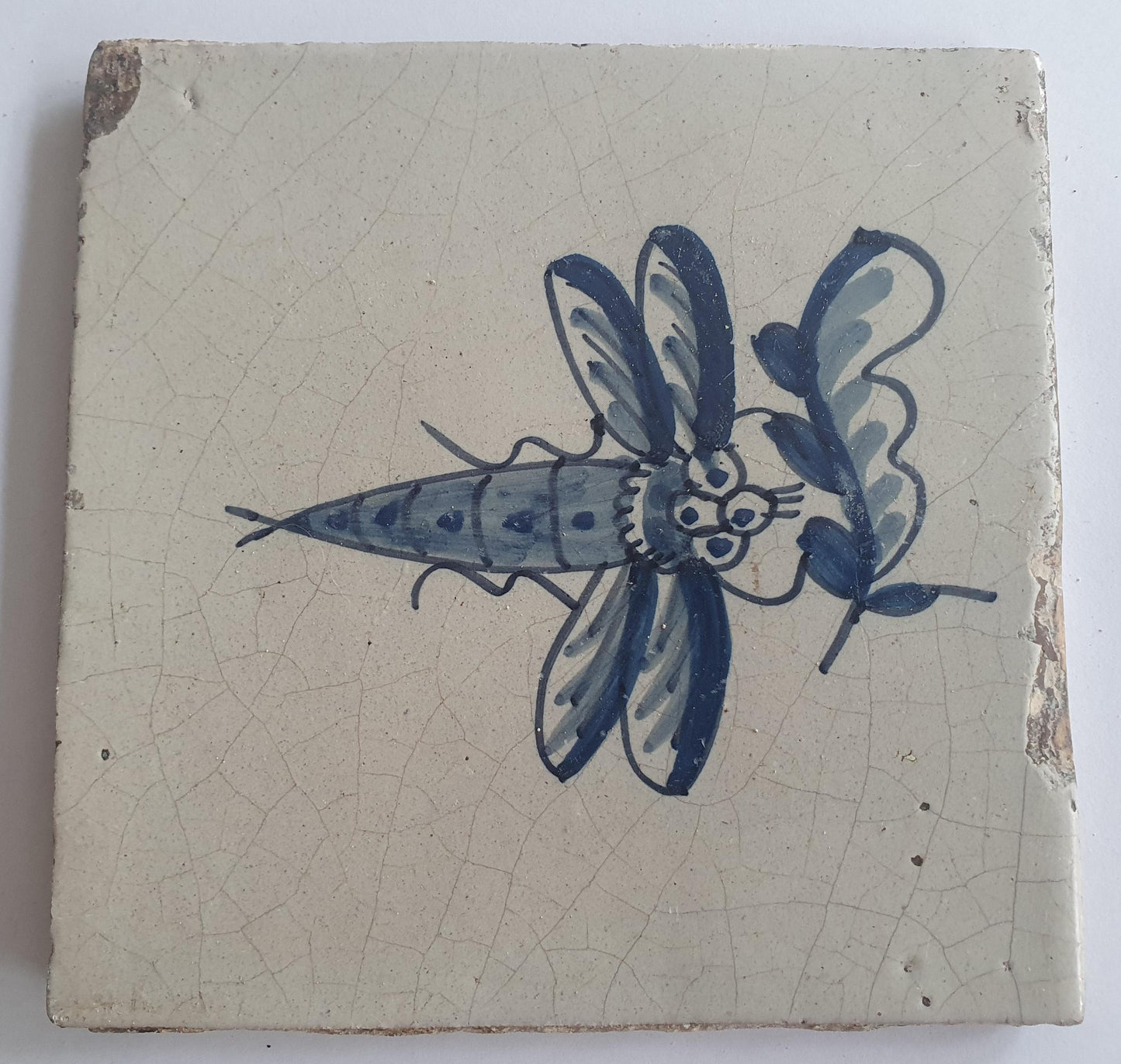 Antique Delft Tile – Butterfly on Flower, Frysian Design (circa 1750)