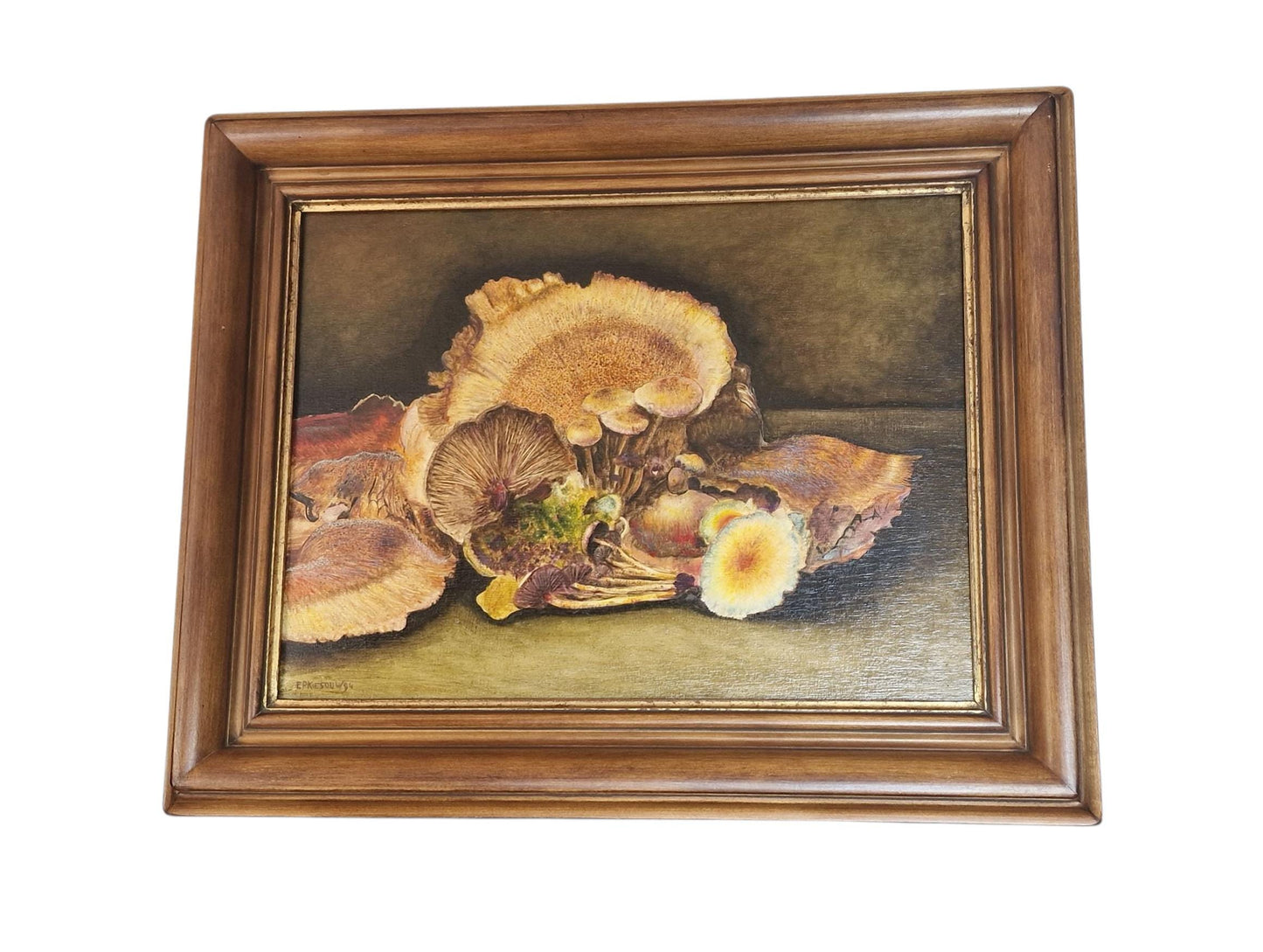 Vintage Mushroom Still Life Oil Painting, Signed Dutch Realism, Framed