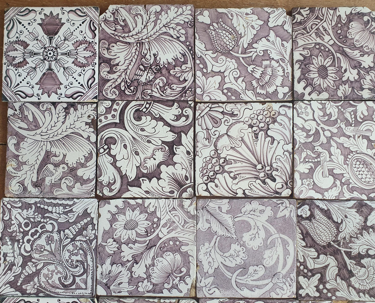 30 Antique Dutch Delft Tiles, Manganese Floral Pattern, Built-In Tile Lot