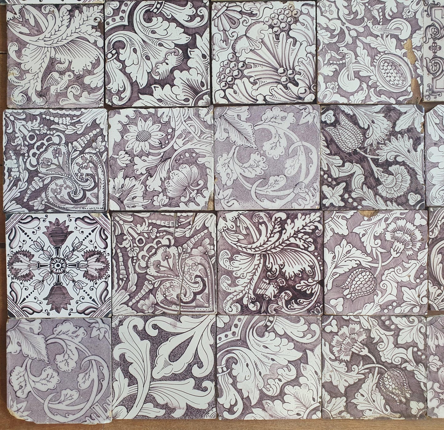 30 Antique Dutch Delft Tiles, Manganese Floral Pattern, Built-In Tile Lot