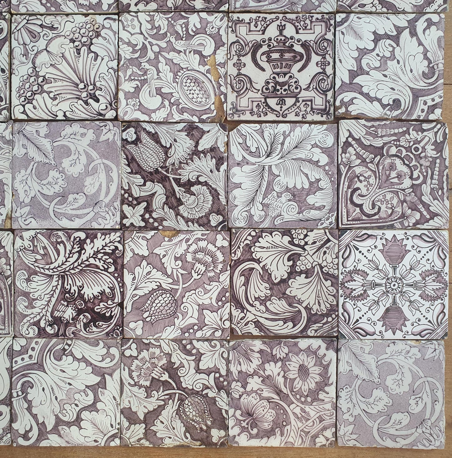 30 Antique Dutch Delft Tiles, Manganese Floral Pattern, Built-In Tile Lot