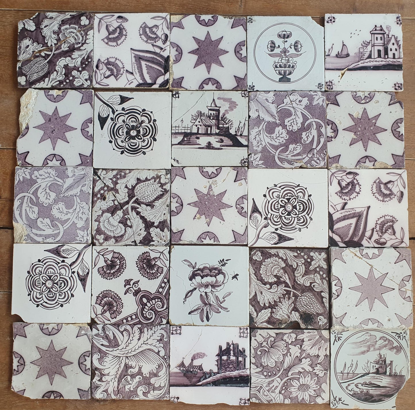 25 Antique Dutch Delft Tiles, Manganese Glazed, 19th Century