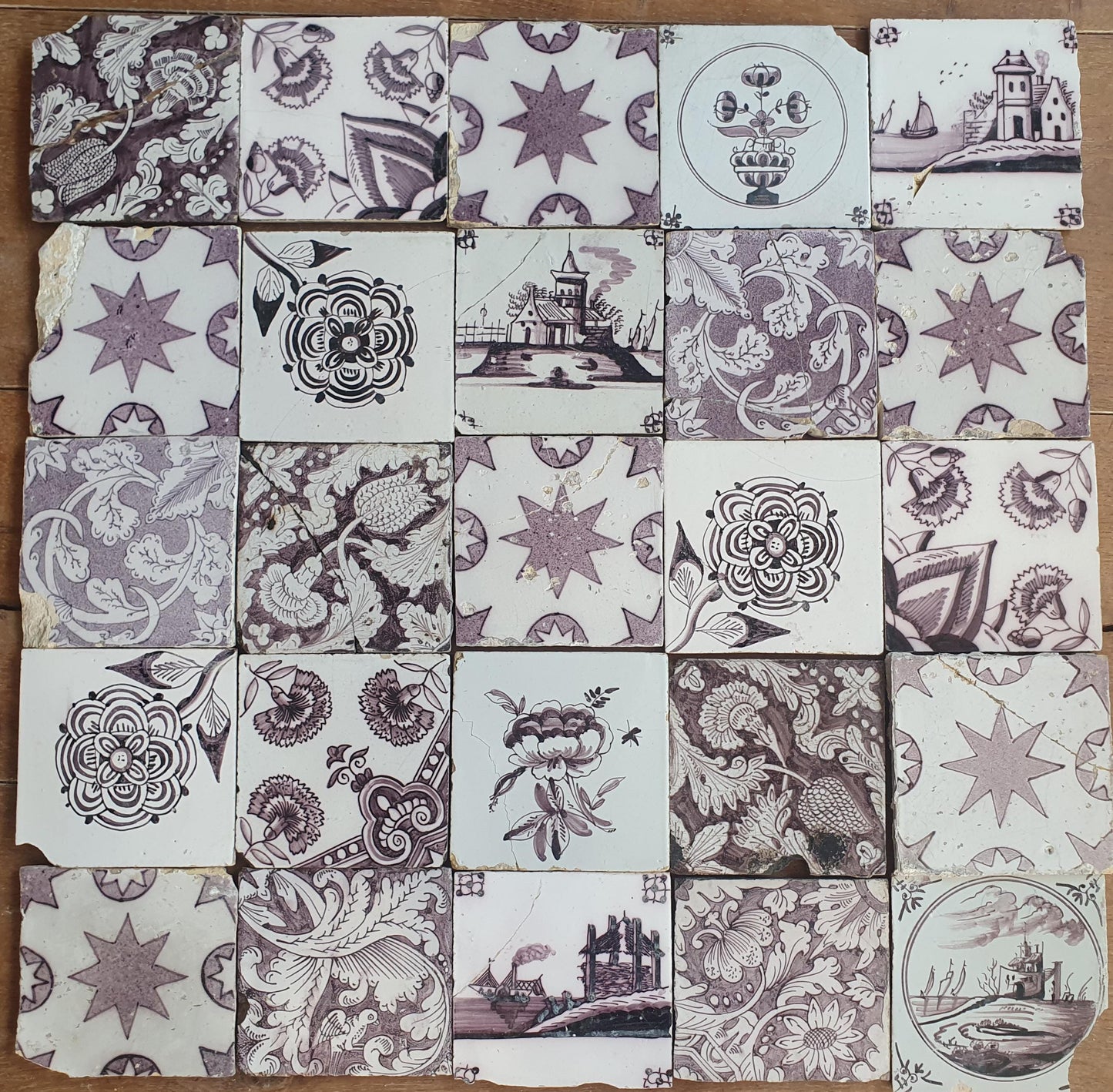 25 Antique Dutch Delft Tiles, Manganese Glazed, 19th Century