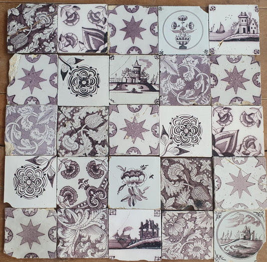 25 Antique Dutch Delft Tiles, Manganese Glazed, 19th Century