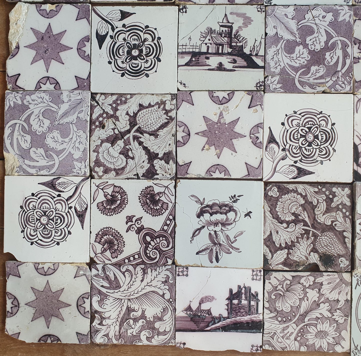 25 Antique Dutch Delft Tiles, Manganese Glazed, 19th Century