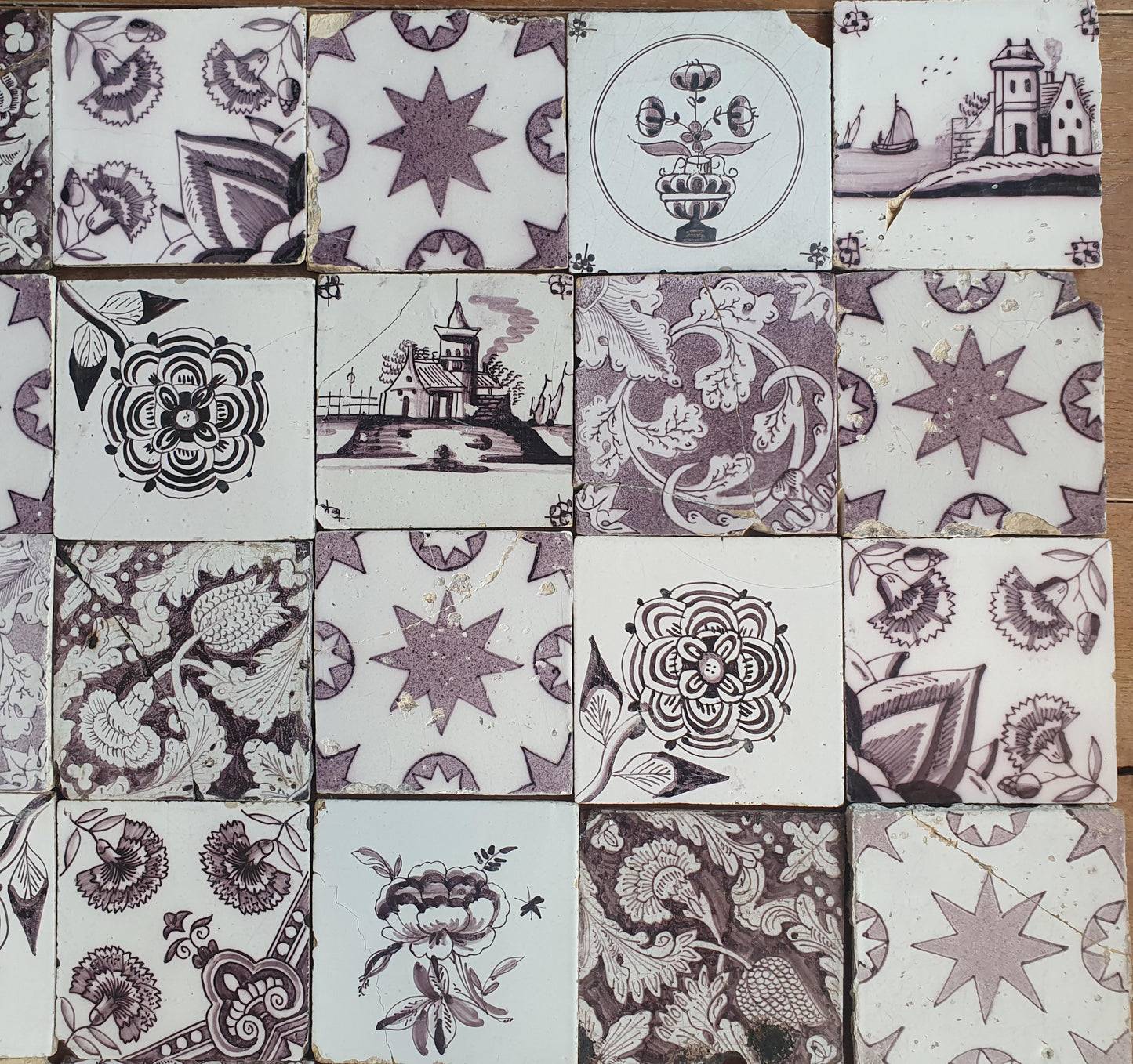 25 Antique Dutch Delft Tiles, Manganese Glazed, 19th Century