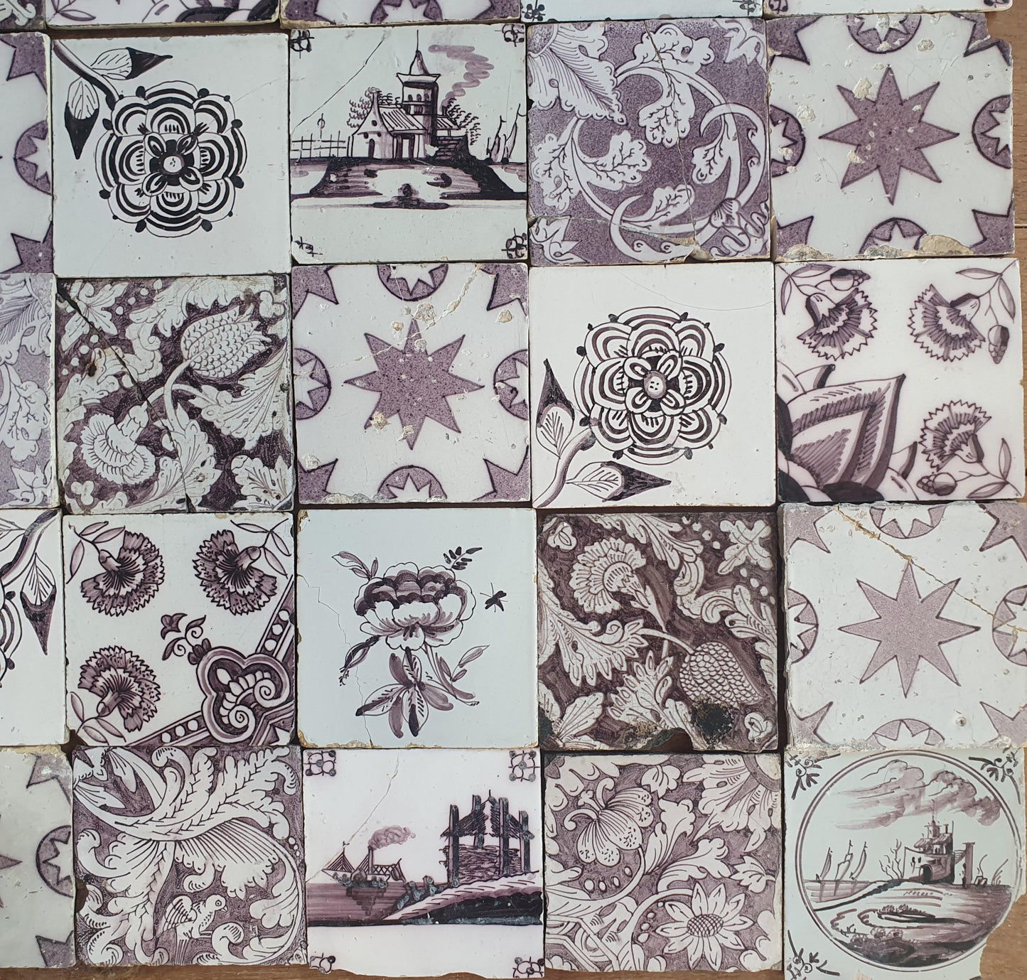 25 Antique Dutch Delft Tiles, Manganese Glazed, 19th Century