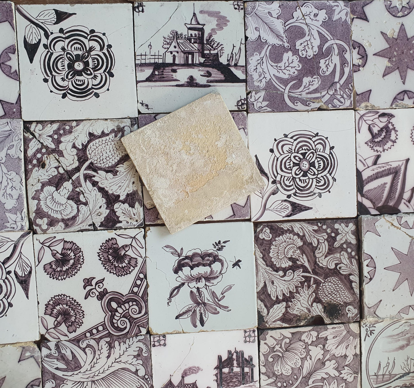 25 Antique Dutch Delft Tiles, Manganese Glazed, 19th Century