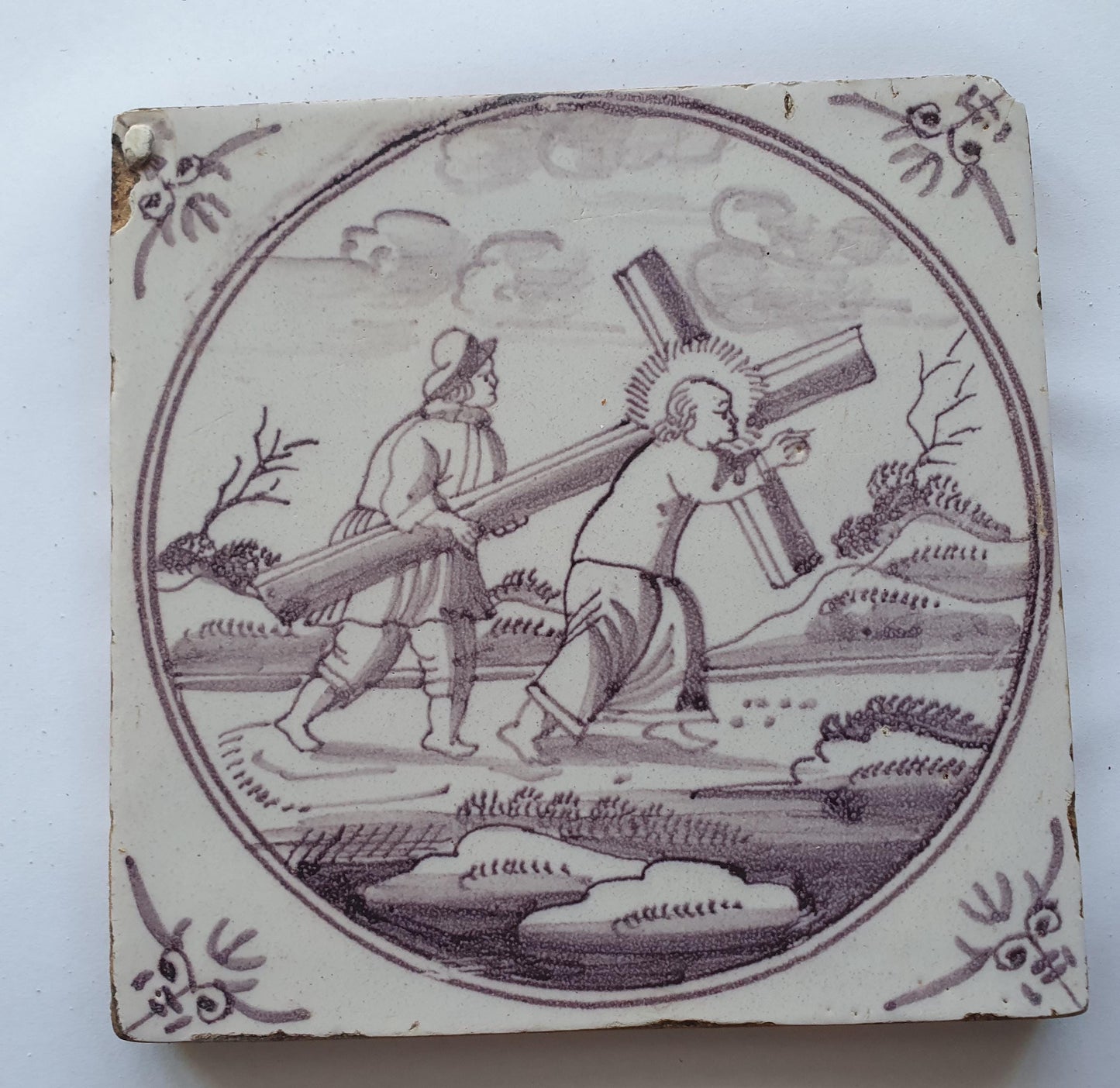 18th century Antique Dutch Tile - manganese bible  biblical tegel