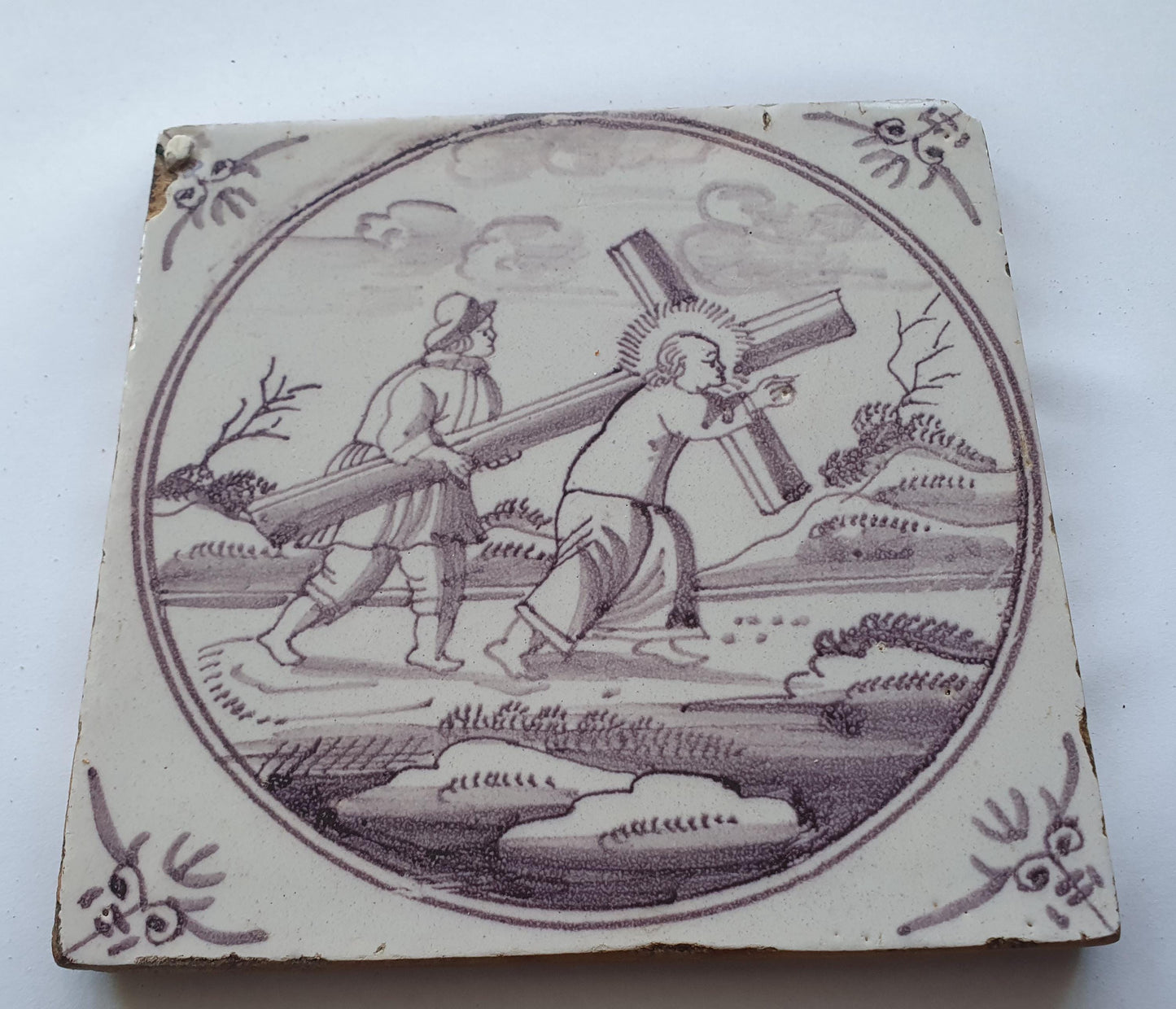 18th century Antique Dutch Tile - manganese bible  biblical tegel
