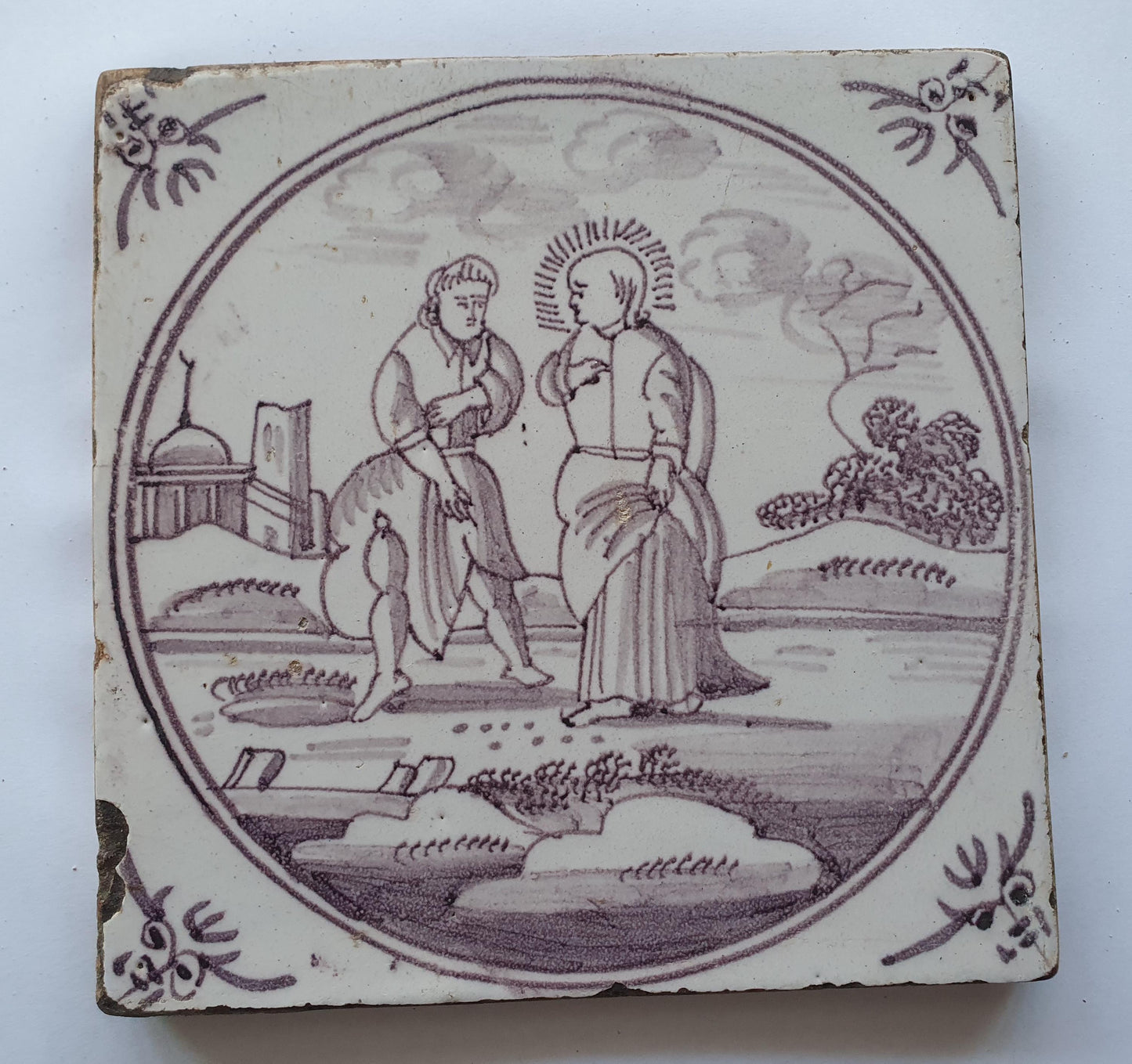 18th century Antique Dutch Tile - manganese bible  biblical tegel