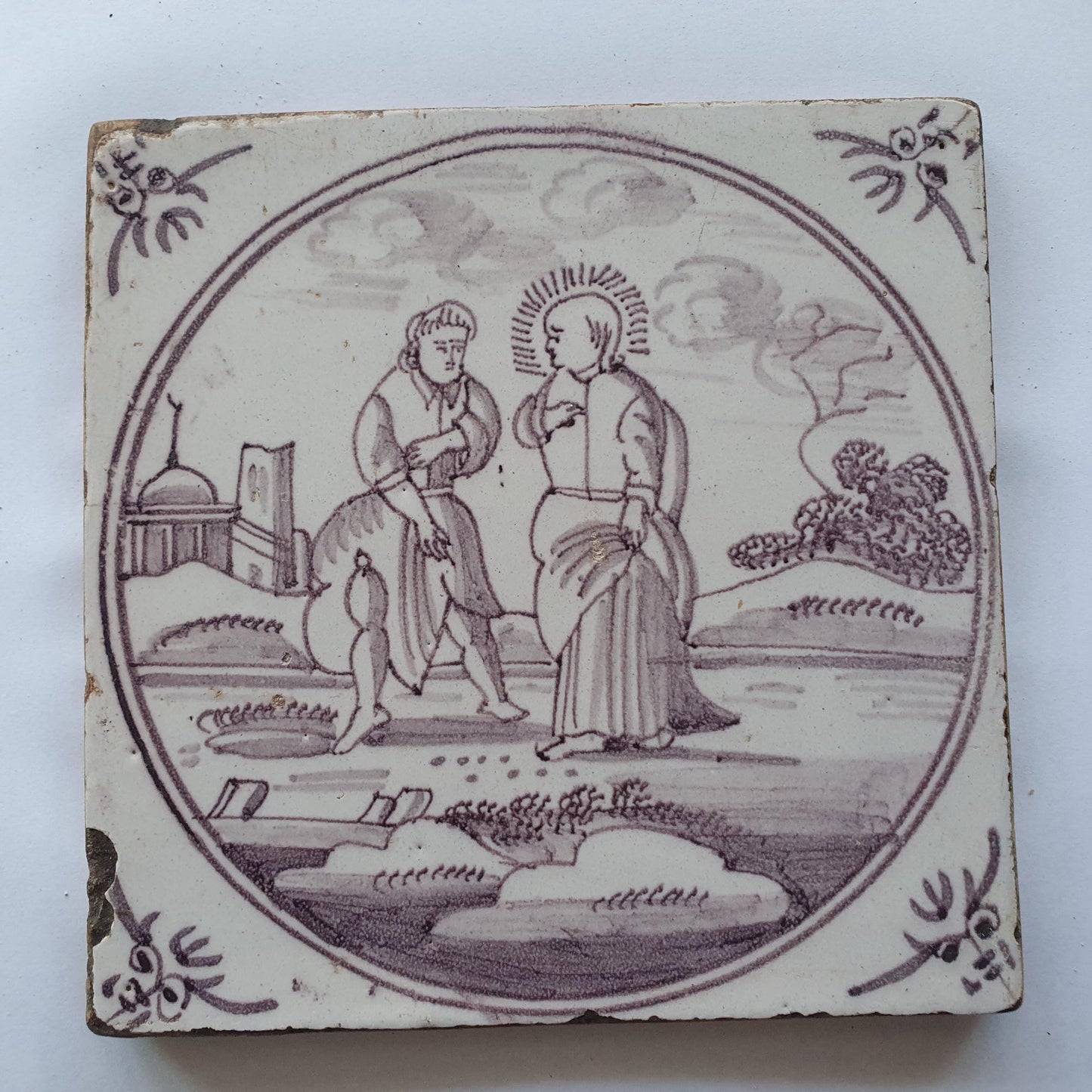 18th century Antique Dutch Tile - manganese bible  biblical tegel