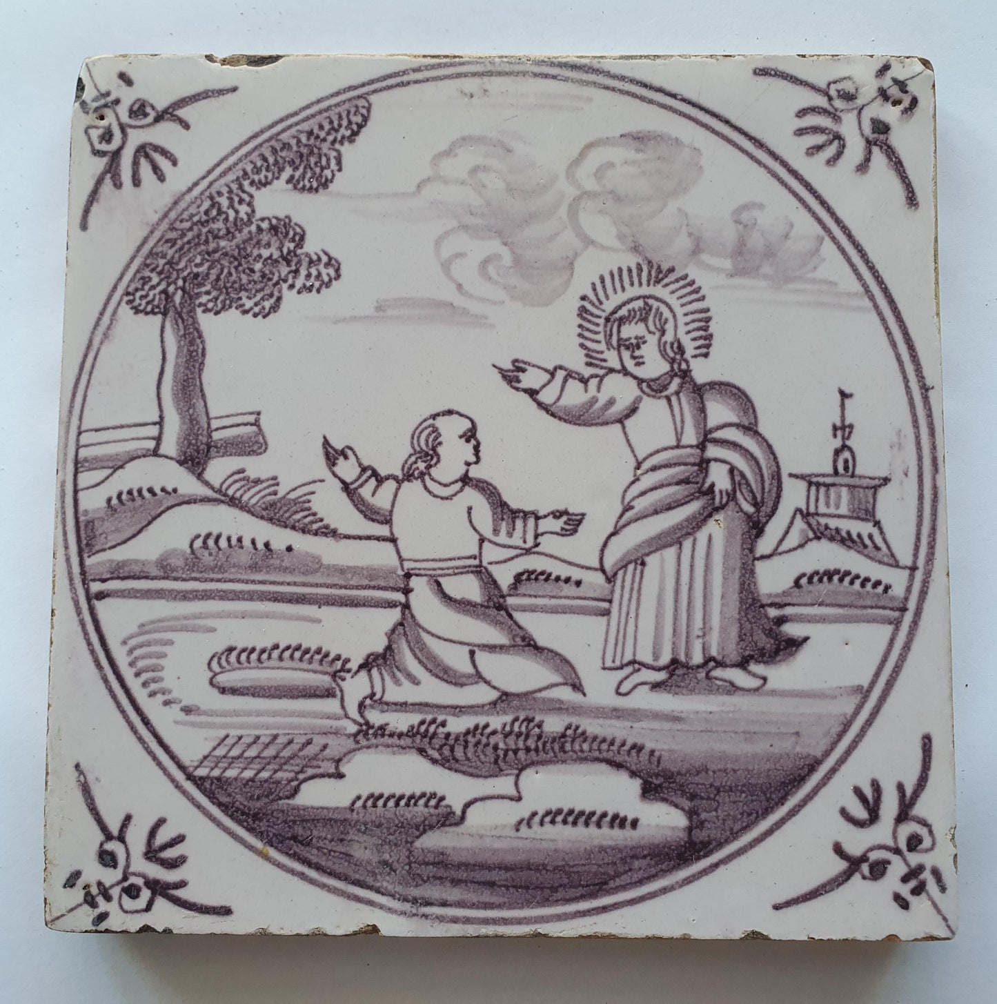18th century Antique Dutch Tile - manganese bible  biblical tegel