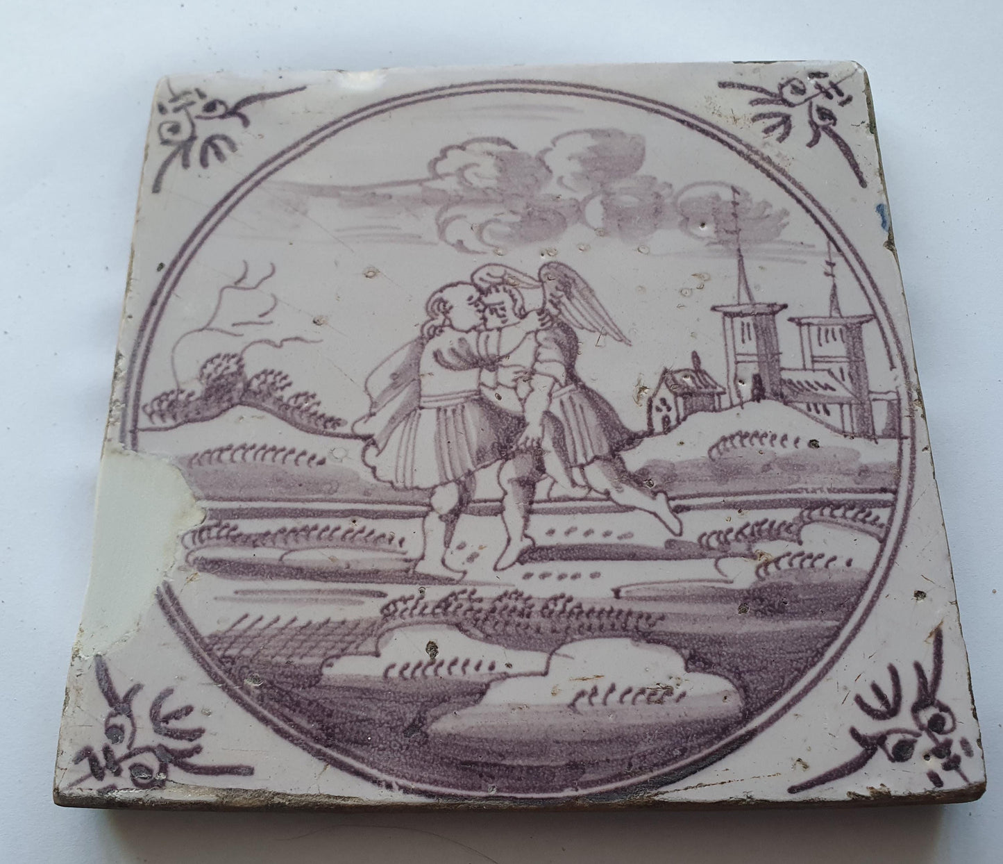 18th century Antique Dutch Tile - manganese bible  biblical tegel