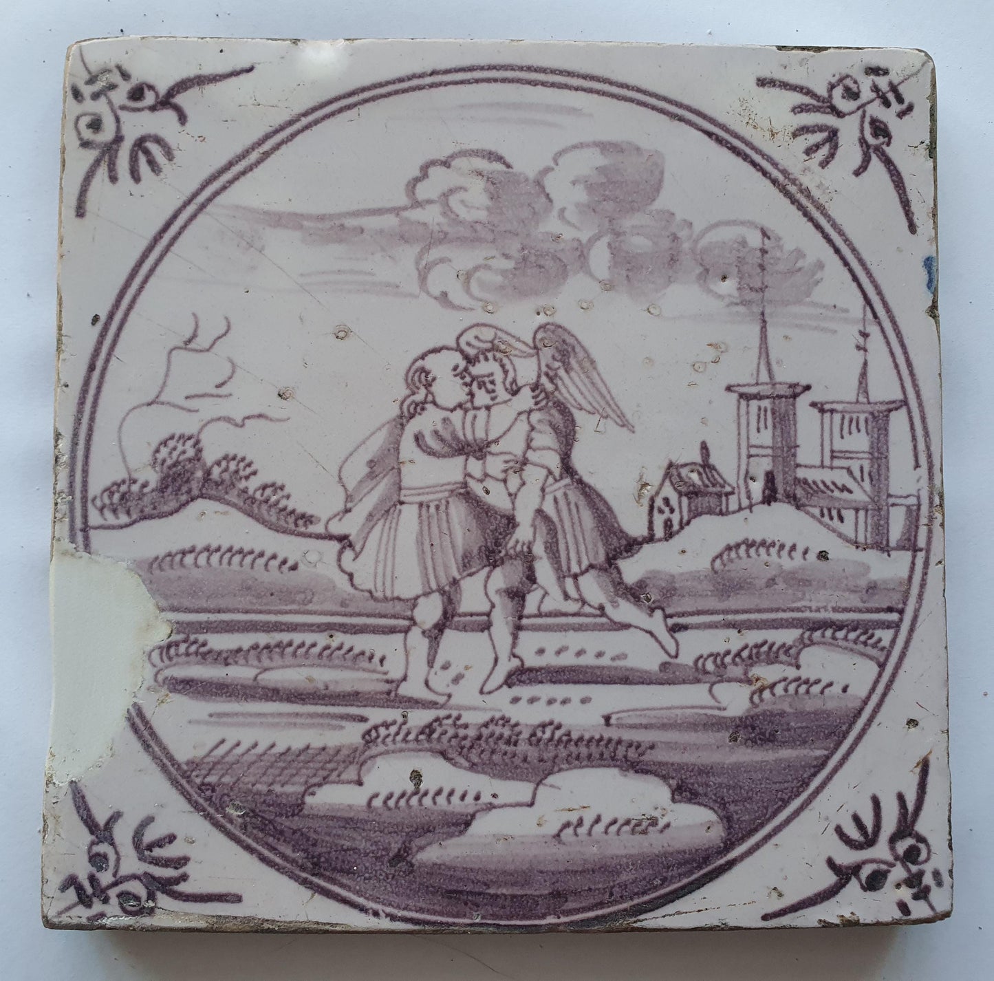 18th century Antique Dutch Tile - manganese bible  biblical tegel