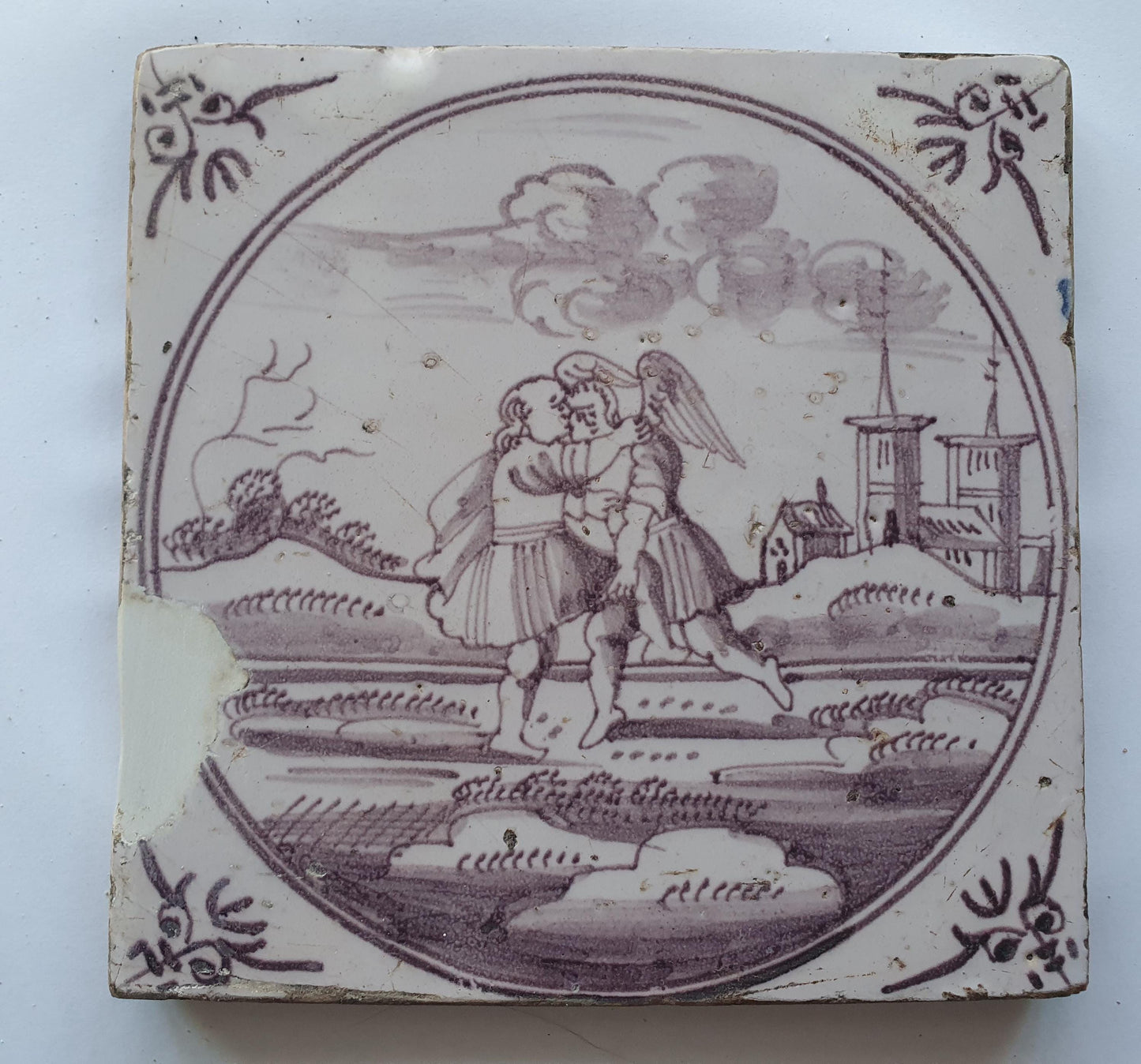 18th century Antique Dutch Tile - manganese bible  biblical tegel