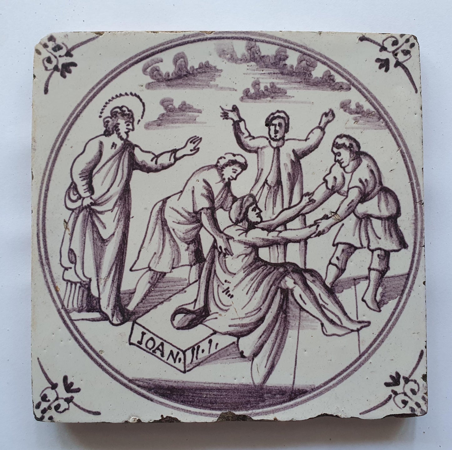 18th century Antique Dutch Tile - manganese bible  biblical tegel