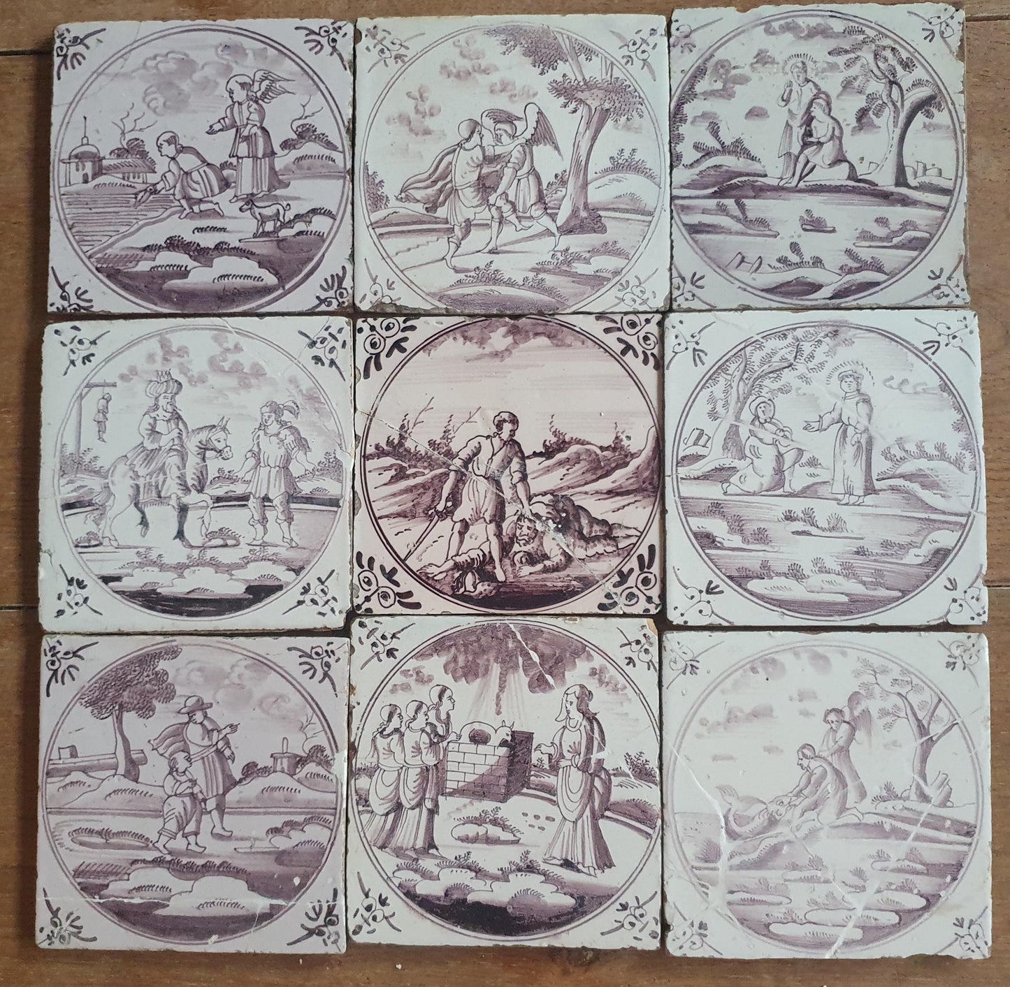 Nine   9 x 18th century Antique Dutch Tiles - manganese bible  biblical tegels bijbel