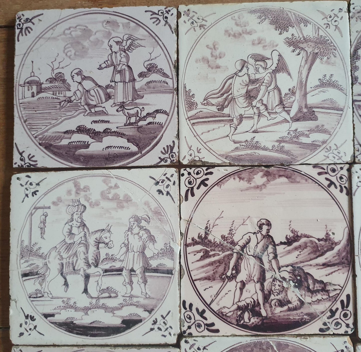 Nine   9 x 18th century Antique Dutch Tiles - manganese bible  biblical tegels bijbel