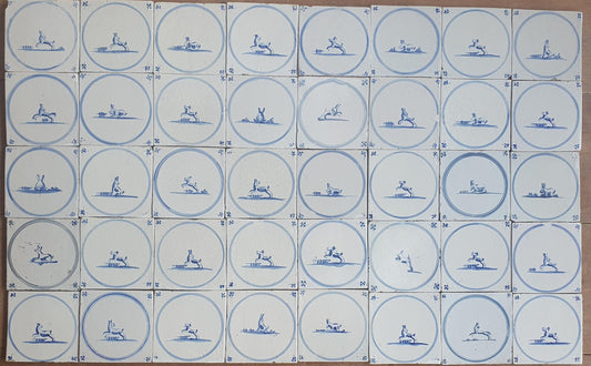 Set of 40 Antique Delft Blue Animal Tiles, 18th Century circle springer