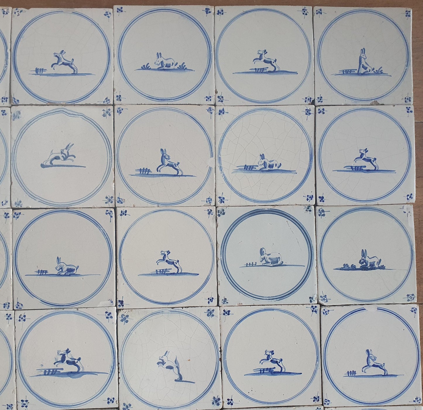 Set of 40 Antique Delft Blue Animal Tiles, 18th Century circle springer