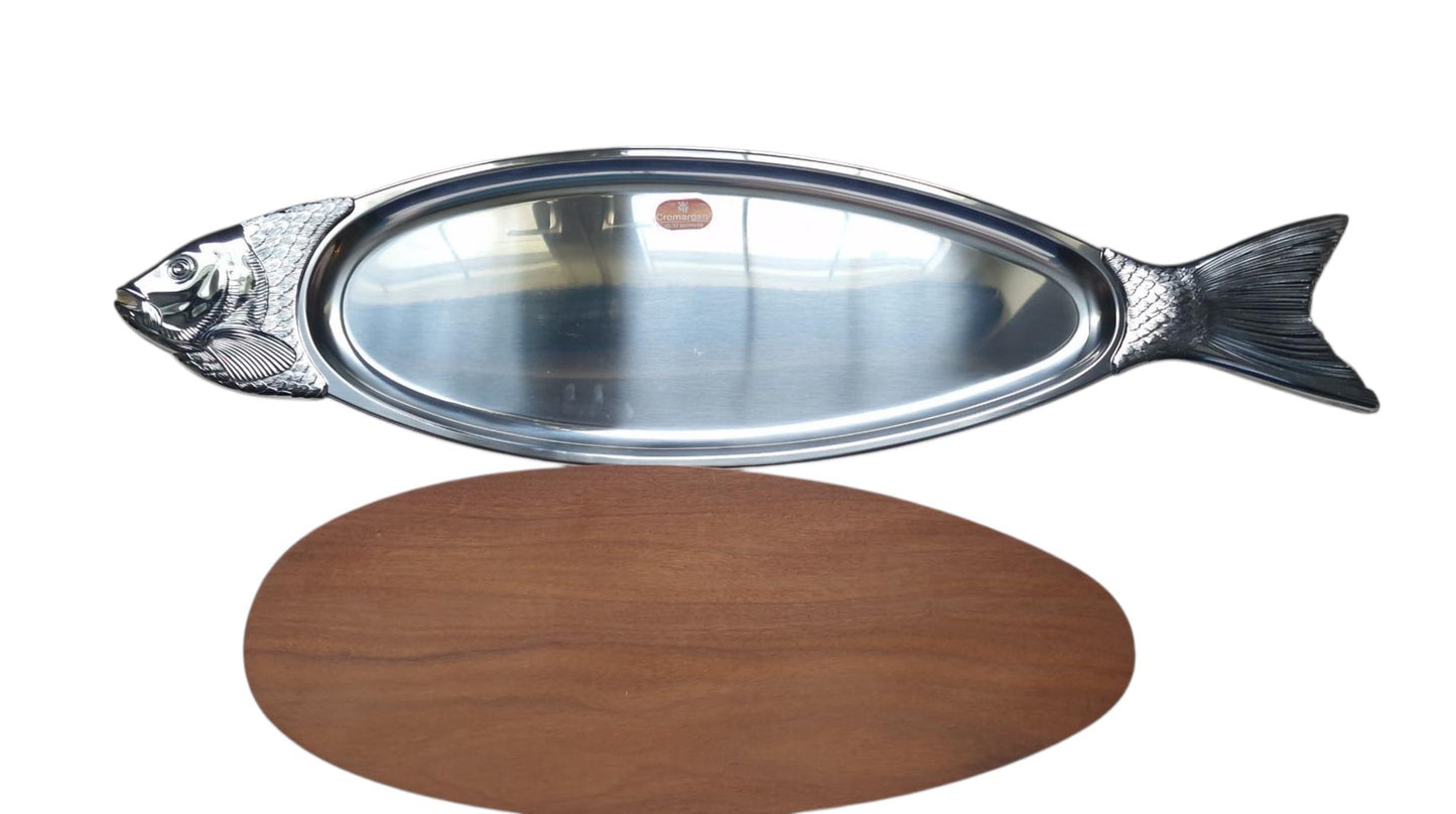 XL Vintage WMF Fish Serving Platter, Walnut Wood, 18/10 Steel