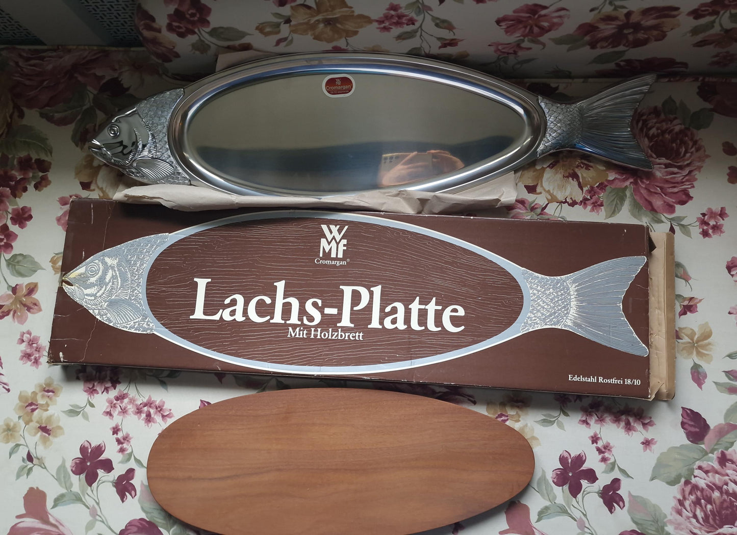 XL Vintage WMF Fish Serving Platter, Walnut Wood, 18/10 Steel