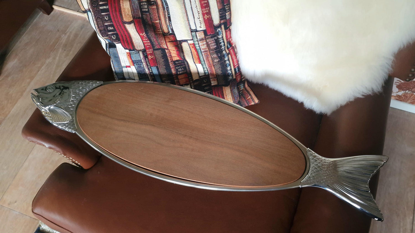 XL Vintage WMF Fish Serving Platter, Walnut Wood, 18/10 Steel
