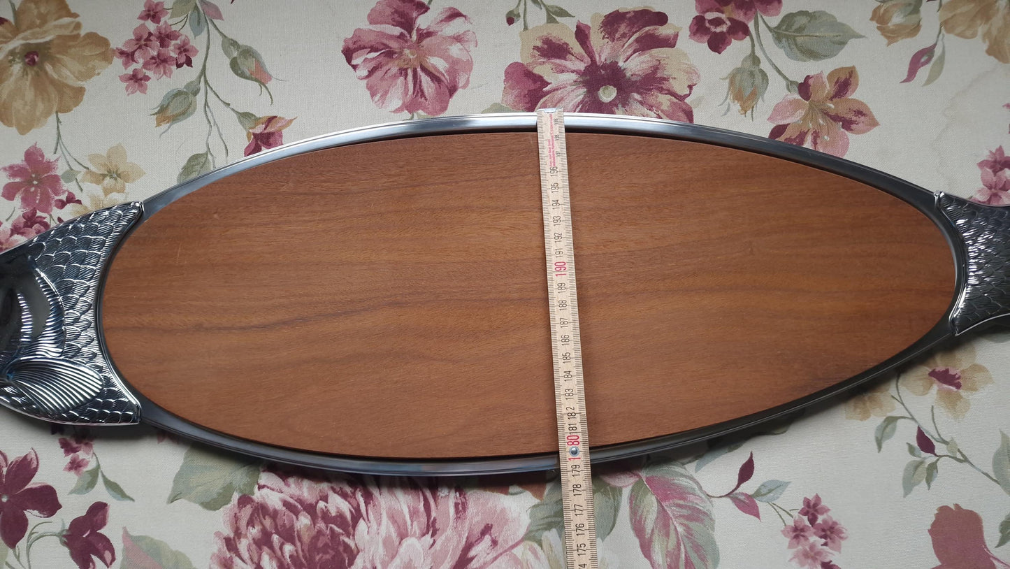 XL Vintage WMF Fish Serving Platter, Walnut Wood, 18/10 Steel