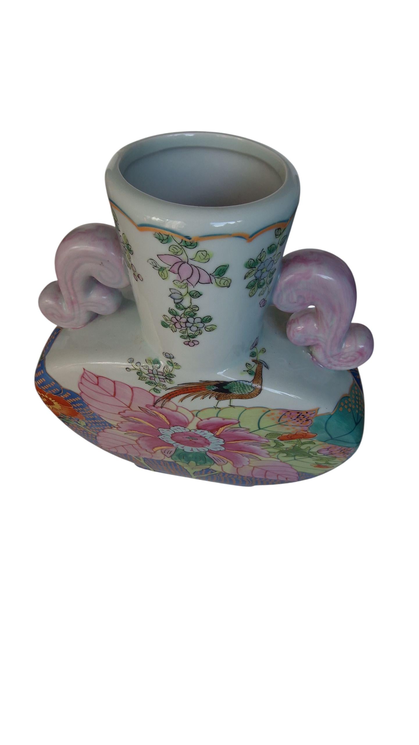 XXL Vintage Famille Rose Moon Flask Vase, Hand-Painted Chinoiserie Porcelain