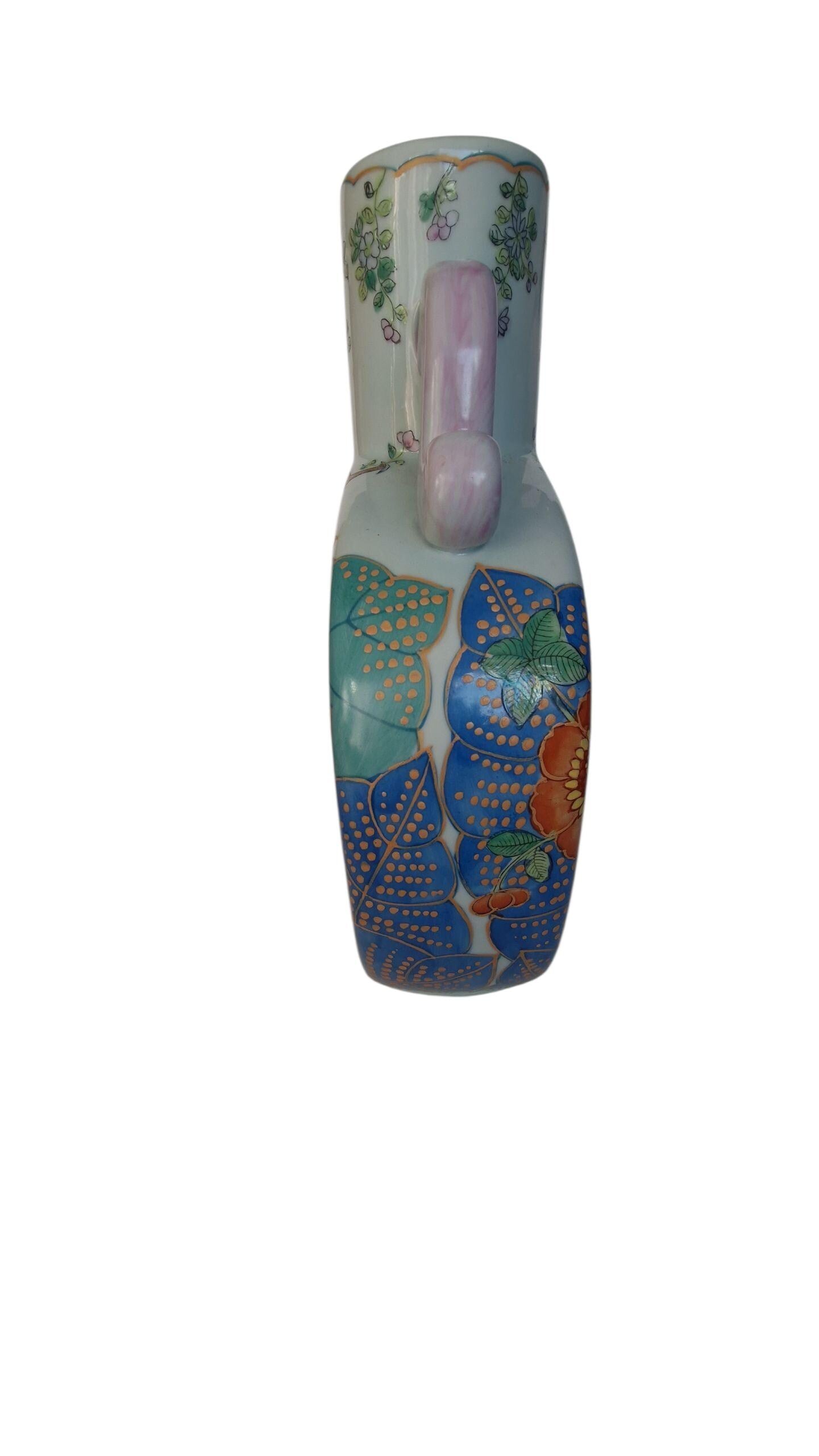 XXL Vintage Famille Rose Moon Flask Vase, Hand-Painted Chinoiserie Porcelain
