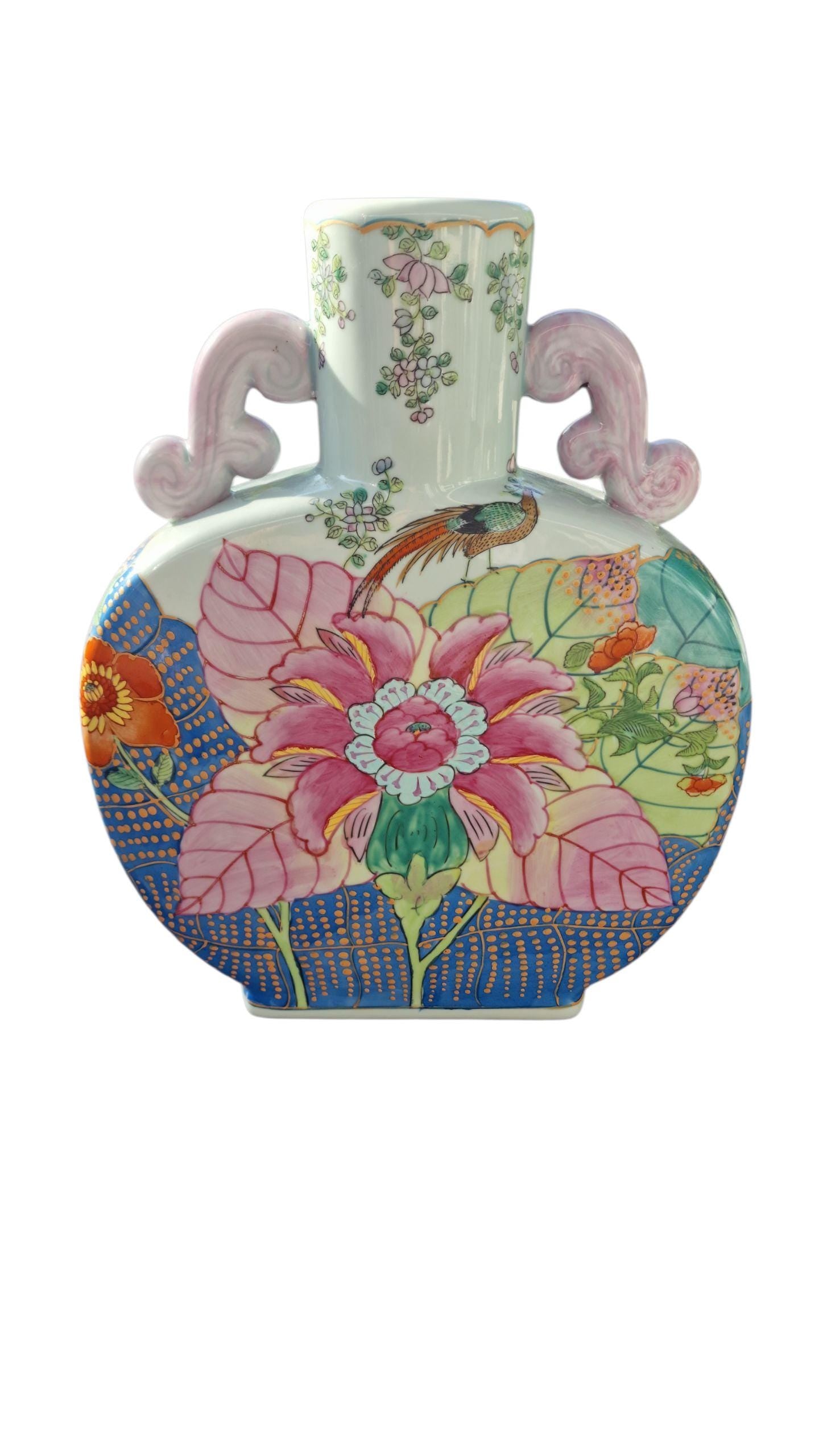 XXL Vintage Famille Rose Moon Flask Vase, Hand-Painted Chinoiserie Porcelain