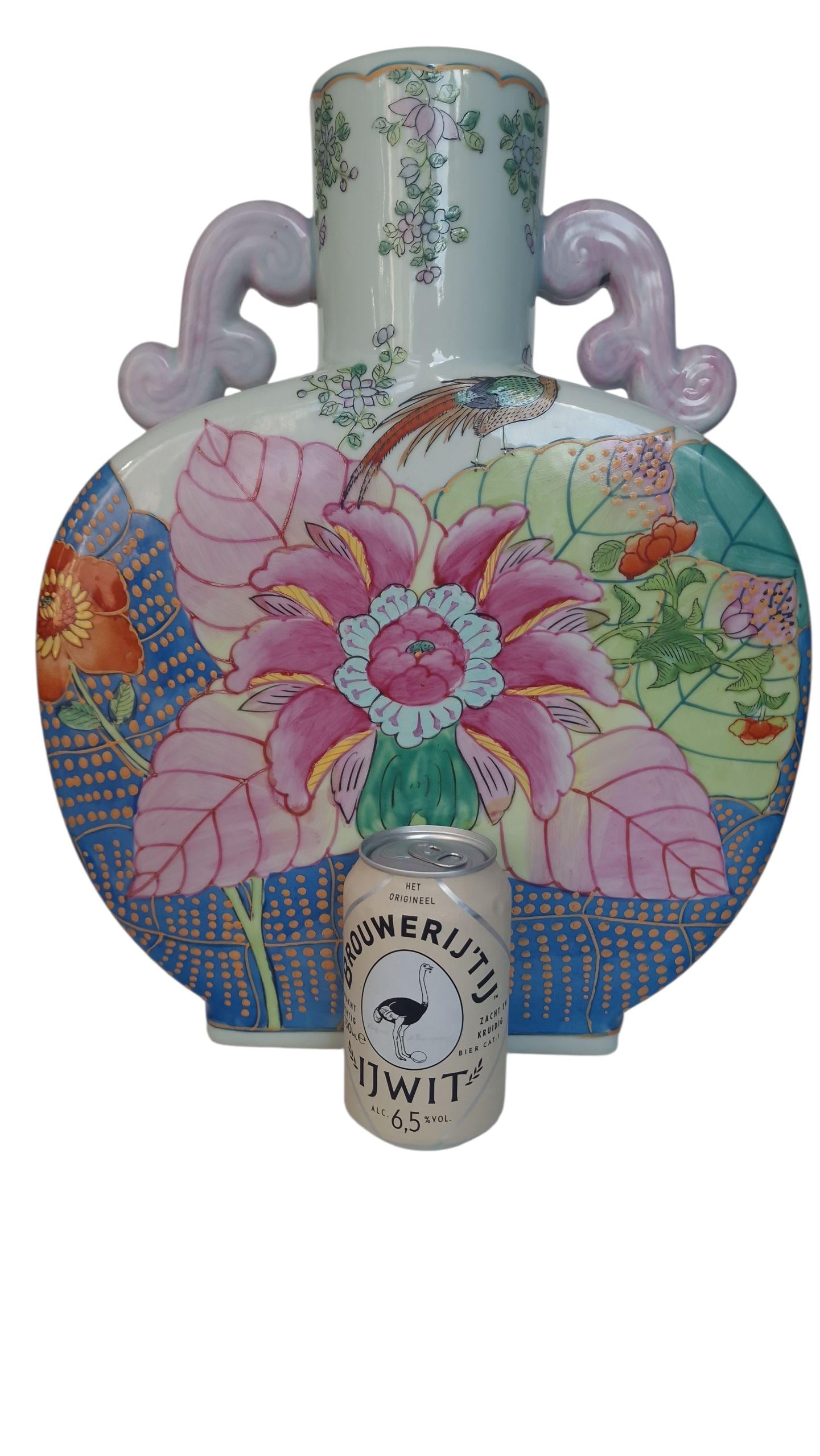 XXL Vintage Famille Rose Moon Flask Vase, Hand-Painted Chinoiserie Porcelain