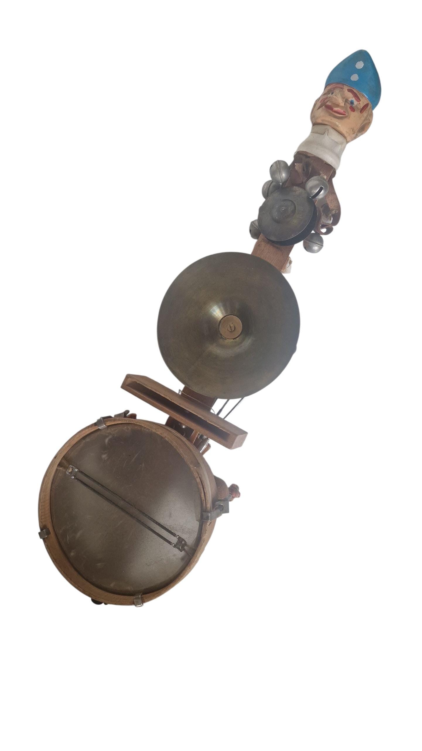 Vintage One Man Band Clown Drum: 1950s Folk Art Instrument